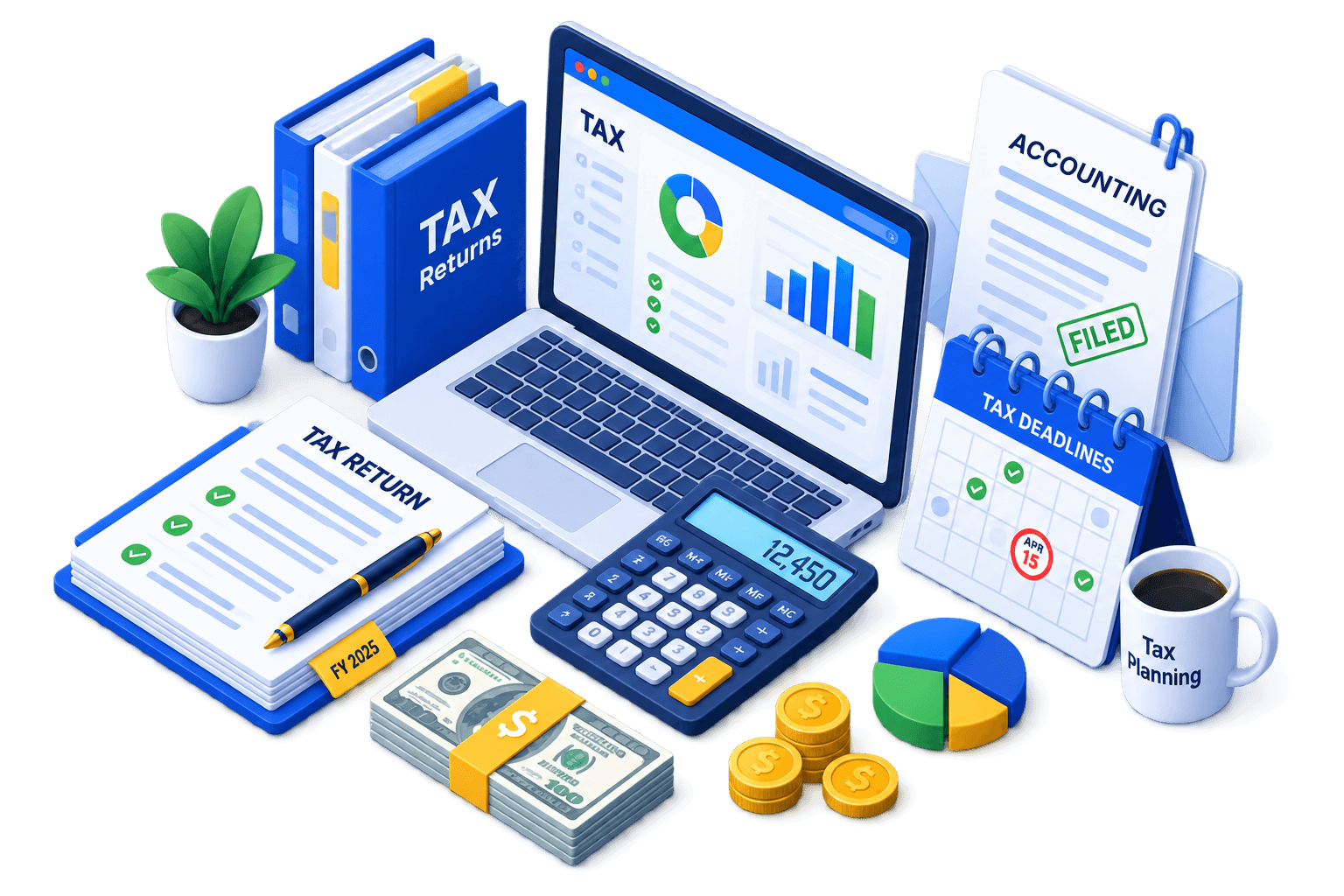 Illustration of Ledger financial dashboard, office building, tax documents and growth charts
